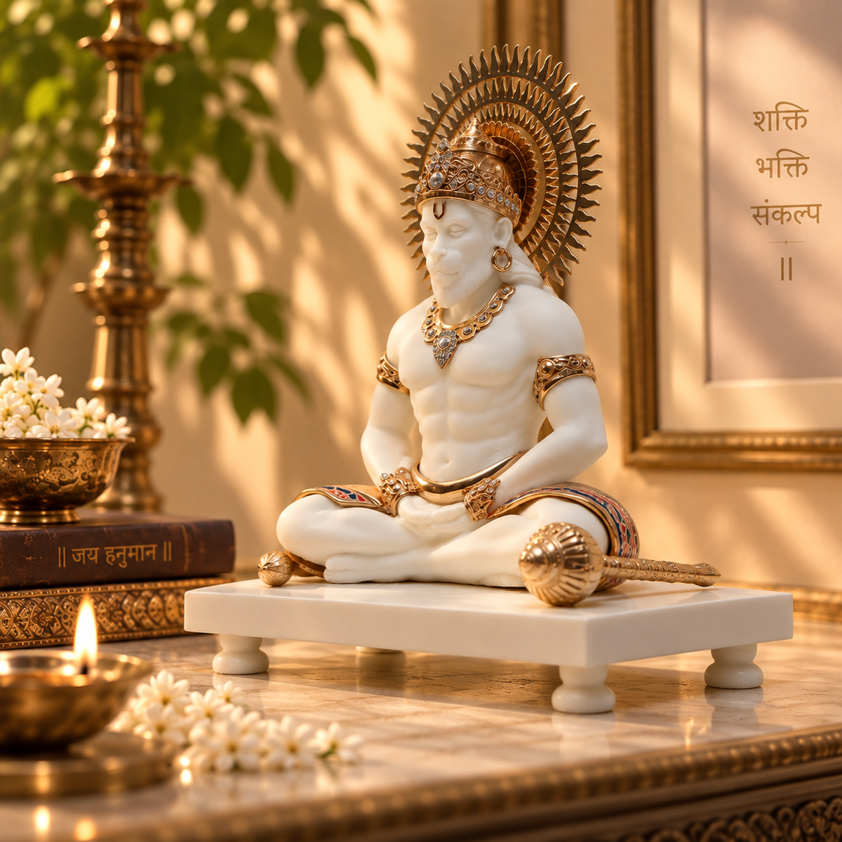 Meditating Hanuman Idol - White in Resin and Gold Plated