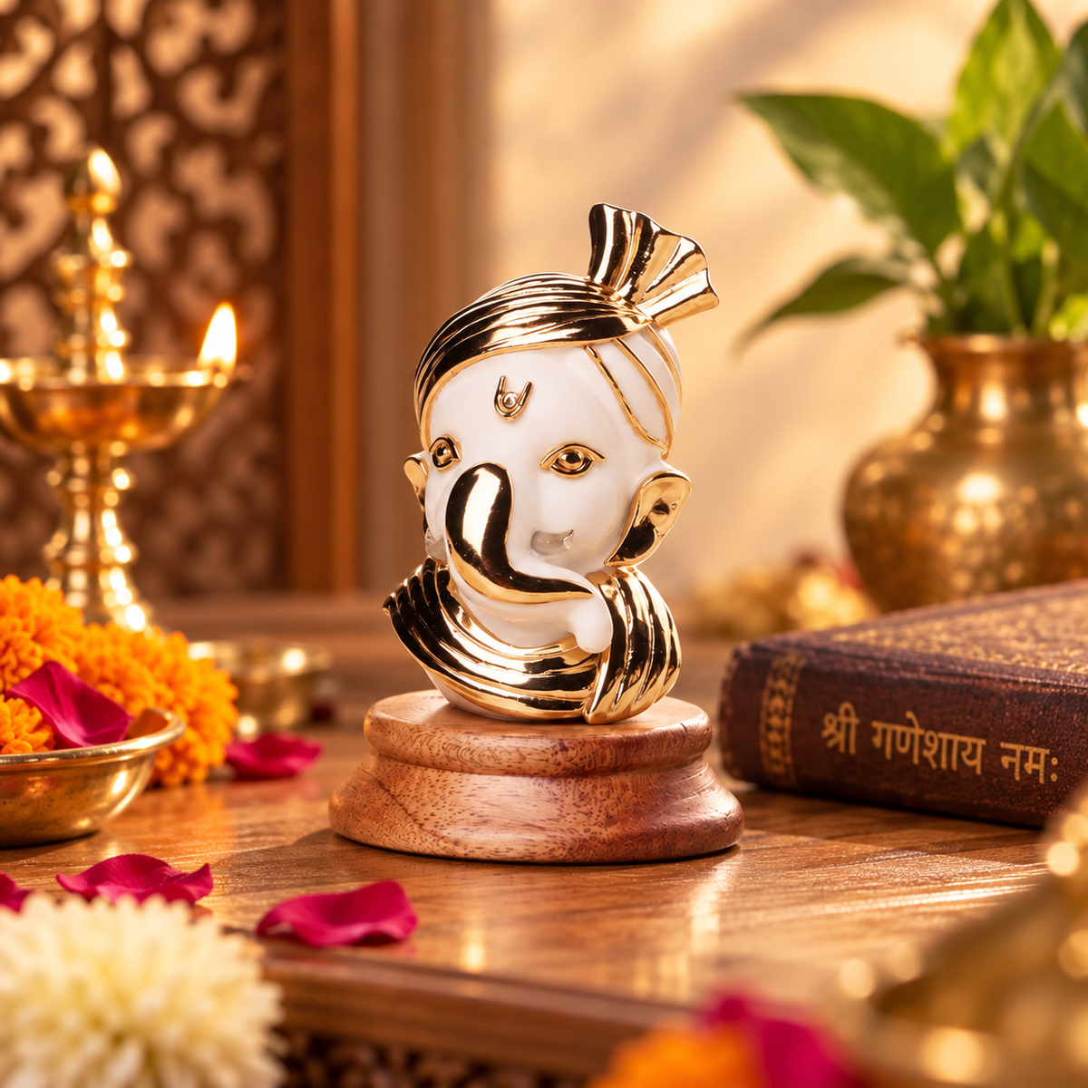 Pagdivinayak Ganesh Idol - White in Resin and Gold Plated