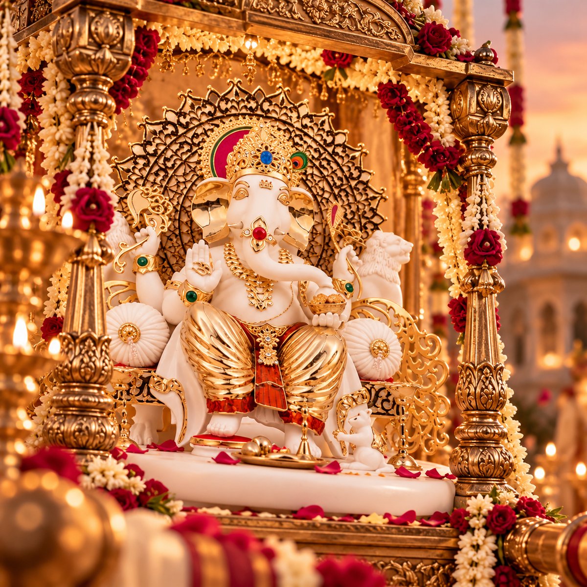 Vinayaka Ganesh Idol - Large white in Resin and Gold Plated