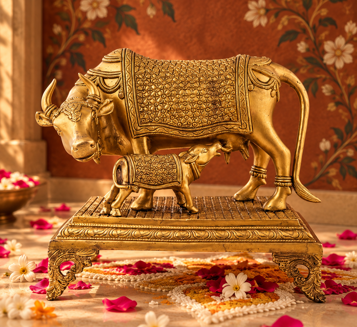 Kamdhenu Cow with Bachda - Brass