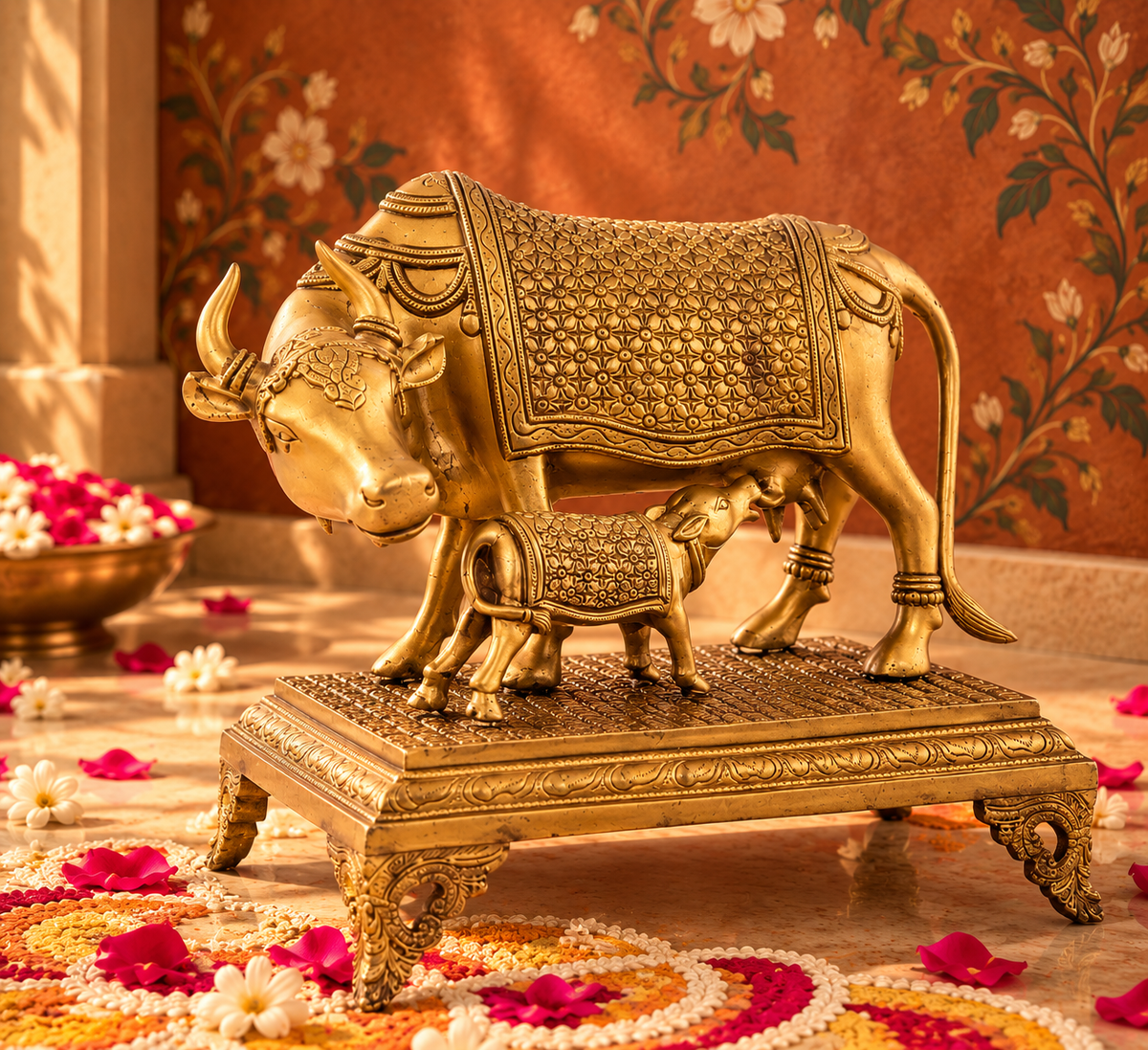 Kamdhenu Cow with Bachda - Brass