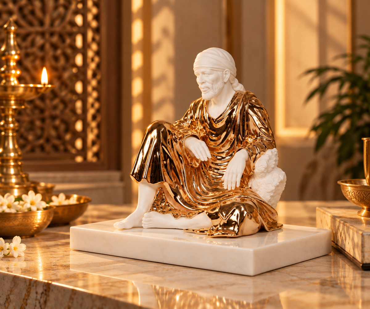 Sitting Sai Baba Idol - White in Resin and Gold Plated