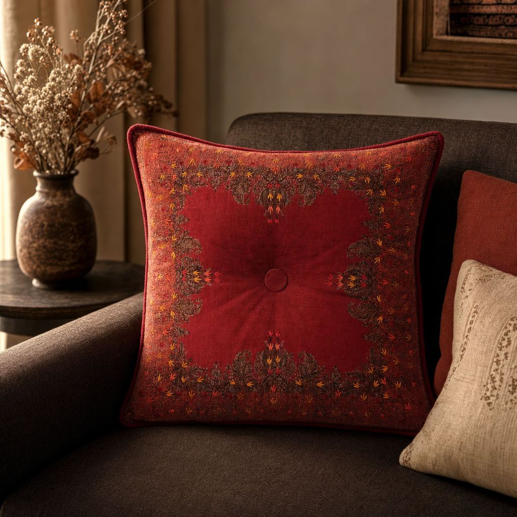 Jamawar Cushion - Tufted Center Button