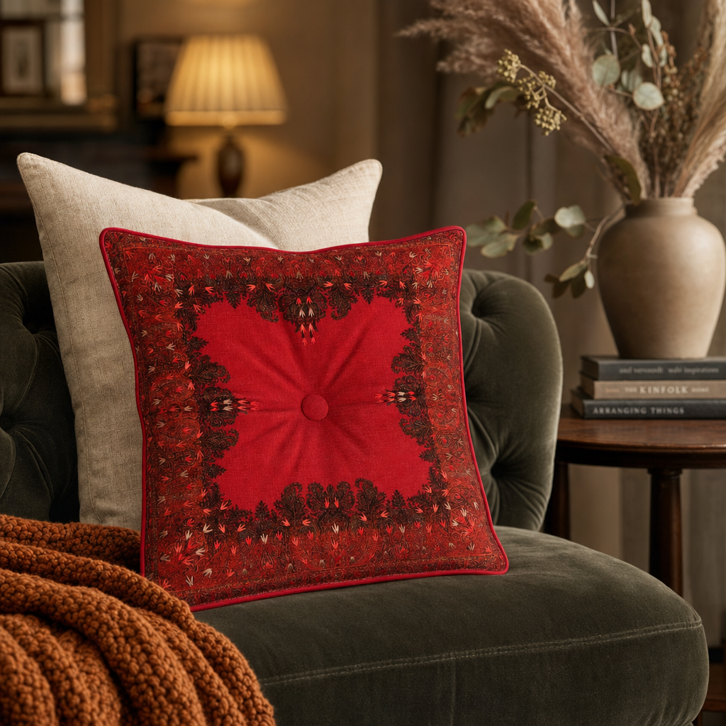 Jamawar Cushion - Tufted Center Button