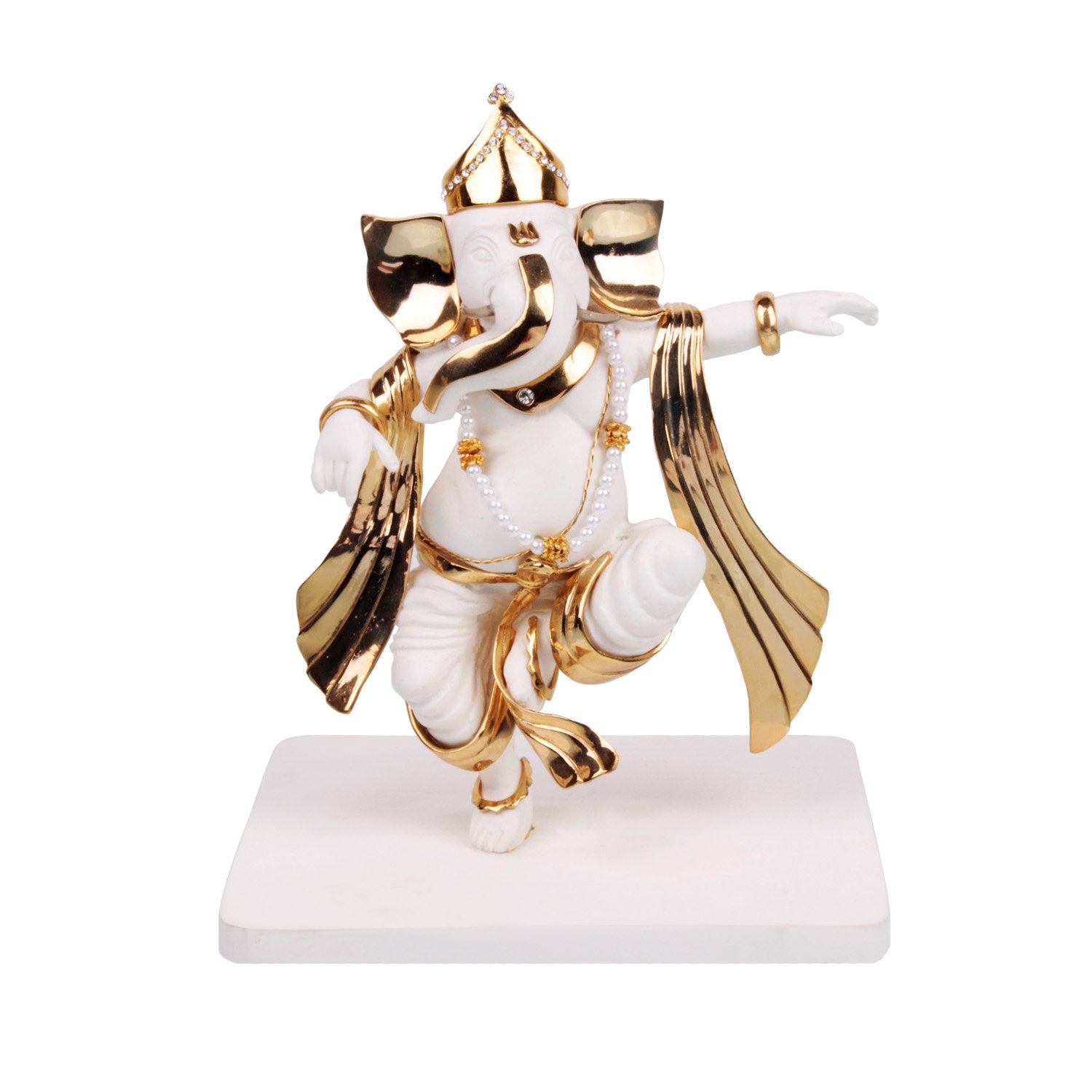 Dancing Ganesh Idol - White in Resin and Gold Plated
