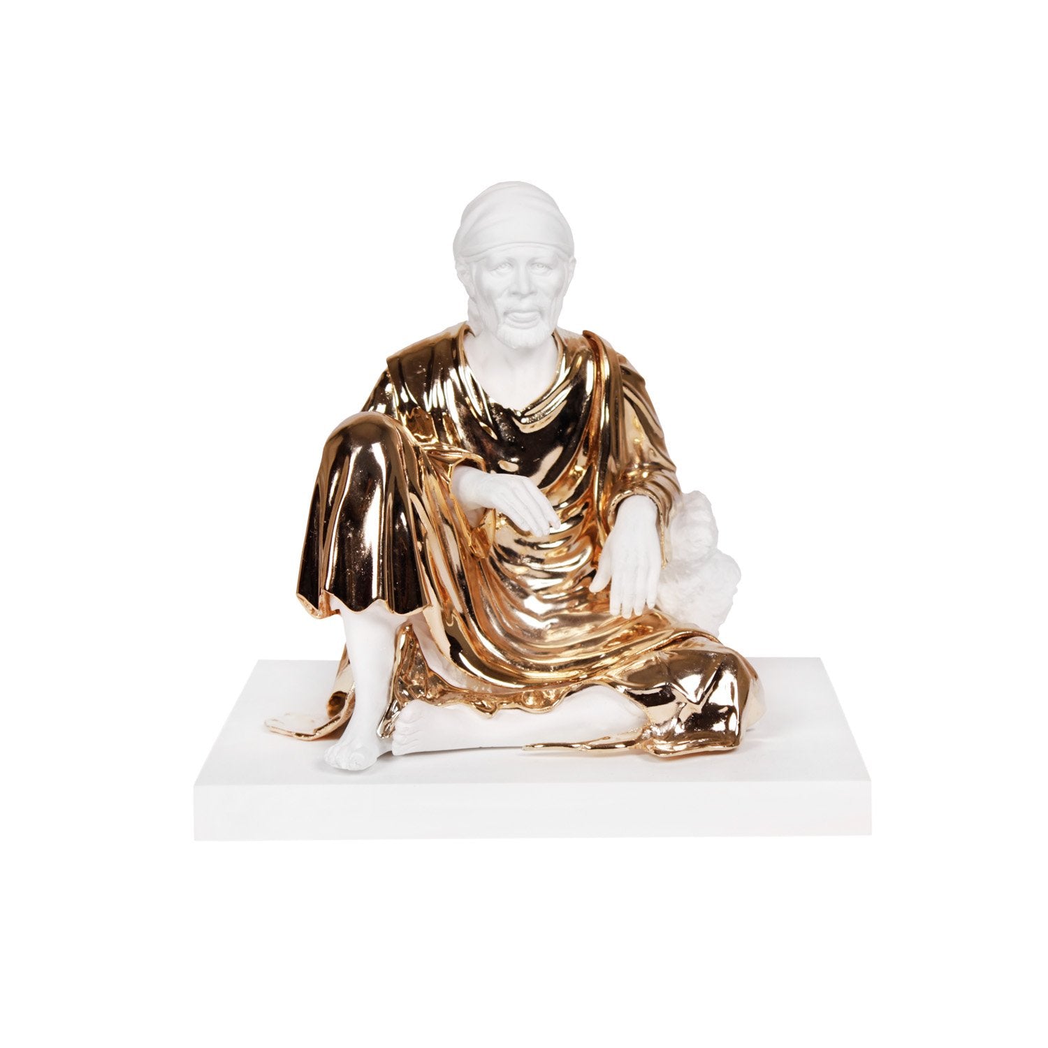 Sitting Sai Baba Idol - White in Resin and Gold Plated