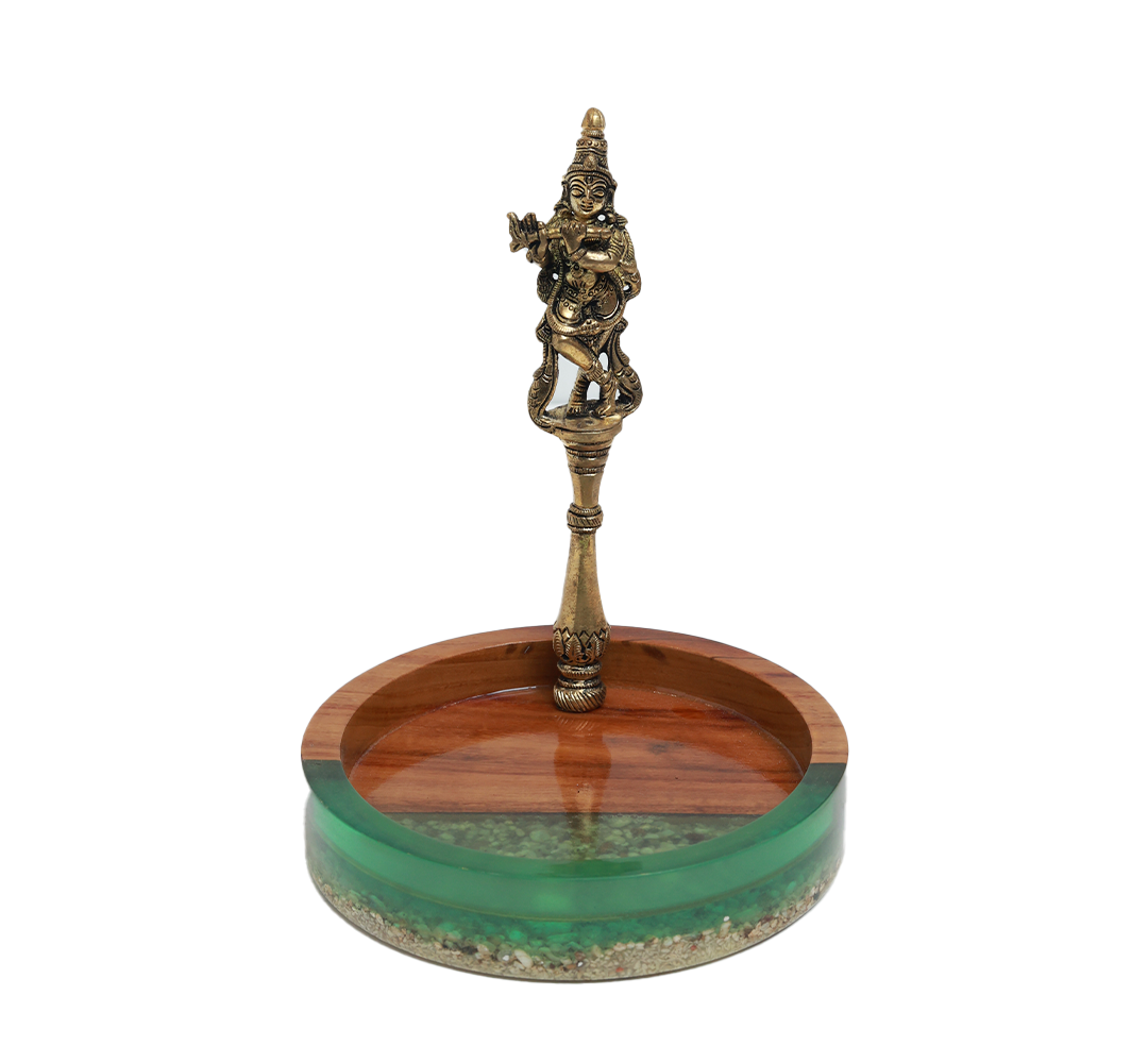 Krishna Harit Platter - Brass . Wood and Resin