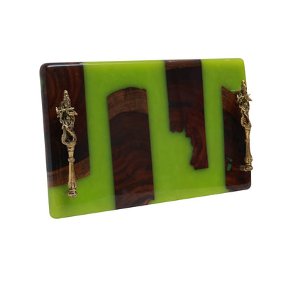 Krishna Harit Tray - Green in  Wood , Brass and Resin