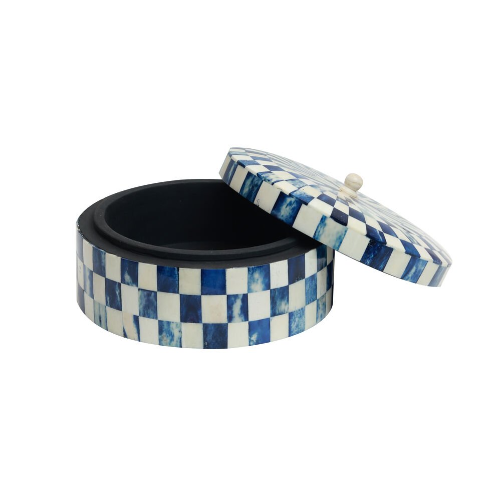 Chequered Box - Large Round  Blue in Wood and Bone Inlay