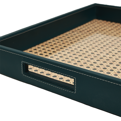 Modura Rattan Tray -  Rattan and Faux Leather