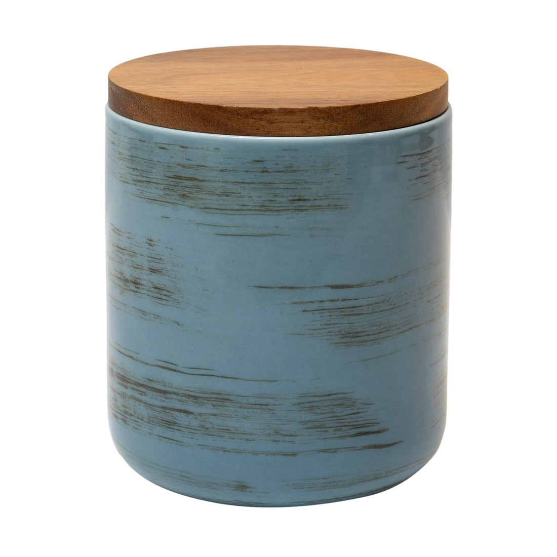 Strokes Pot With Bamboo Lid - Blue Ceramic and wood