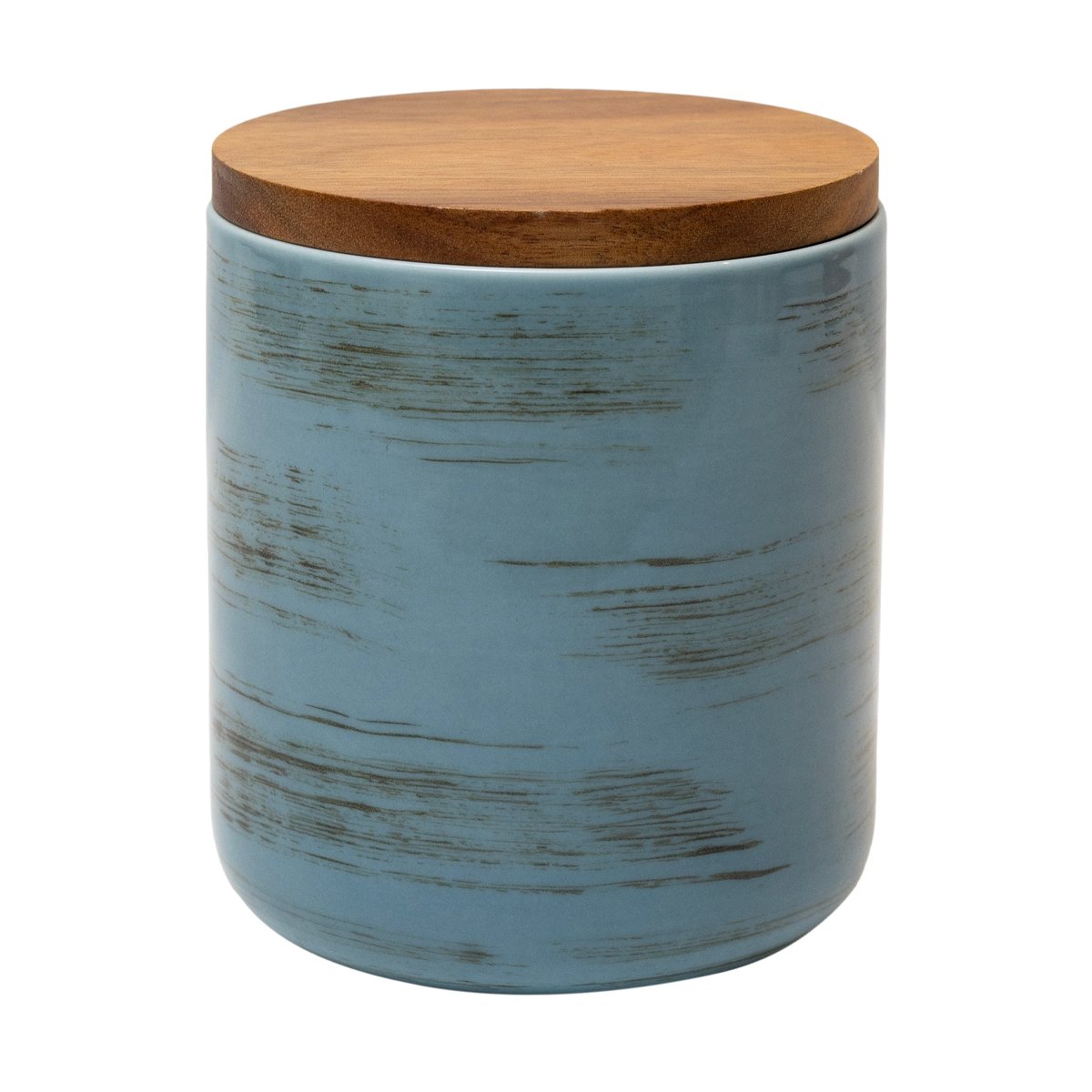 Strokes Pot With Bamboo Lid - Blue Ceramic and wood