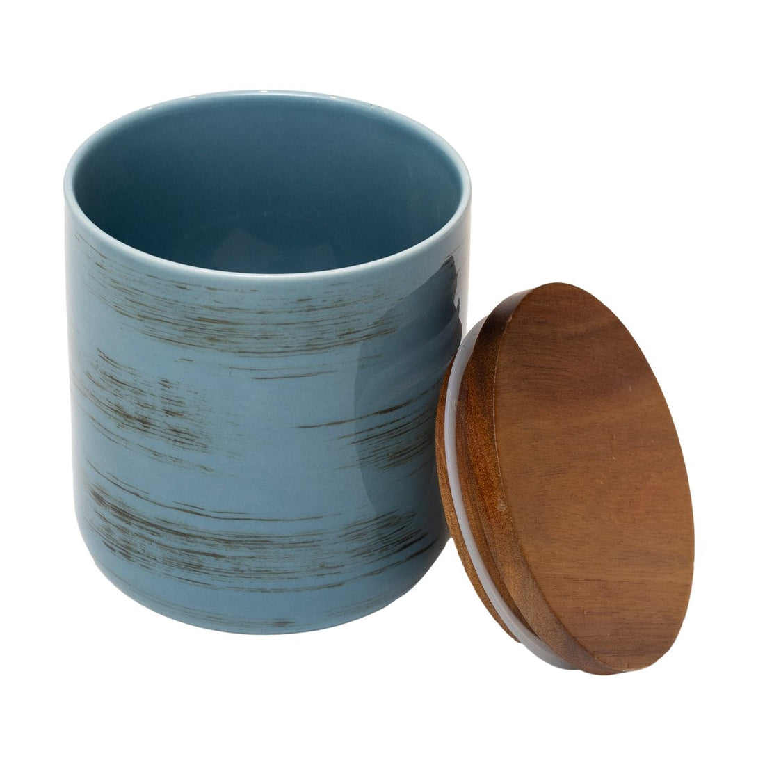 Strokes Pot With Bamboo Lid - Blue Ceramic and wood