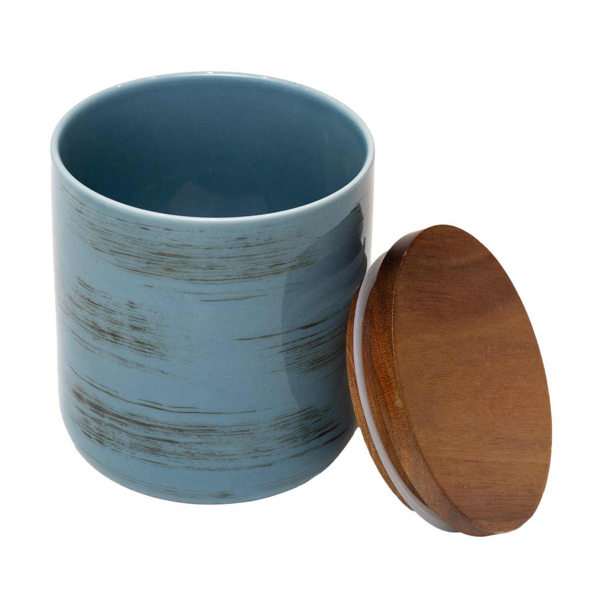 Strokes Pot With Bamboo Lid - Blue Ceramic and wood