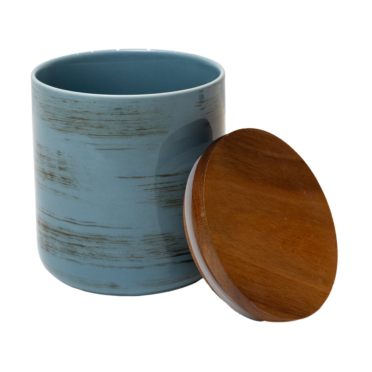Strokes Pot With Bamboo Lid - Blue Ceramic and wood