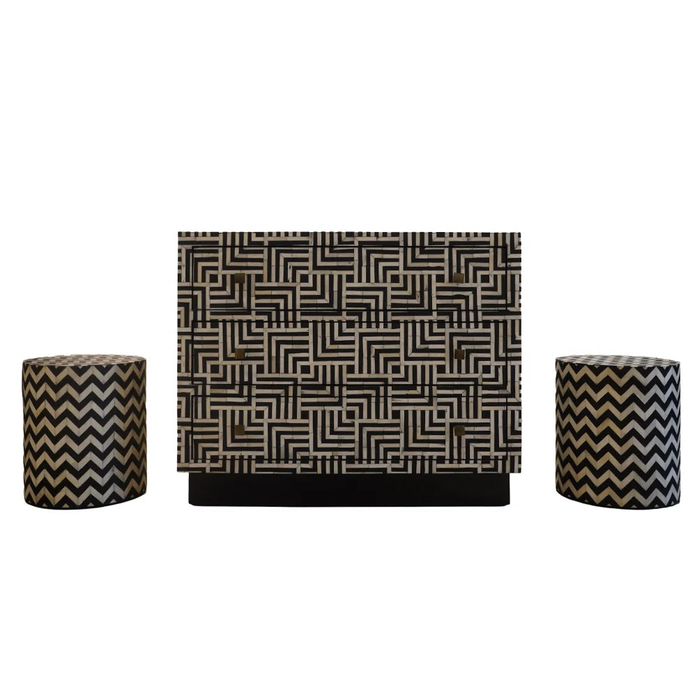 Handcrafted side table - Black n White Bone  Inlay  and Wood