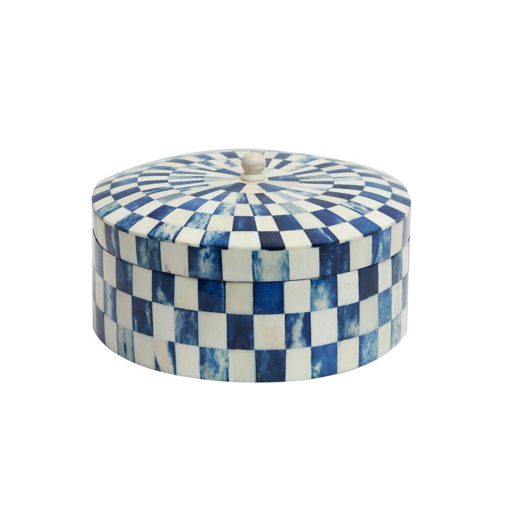 Chequered Box - Large Round  Blue in Wood and Bone Inlay