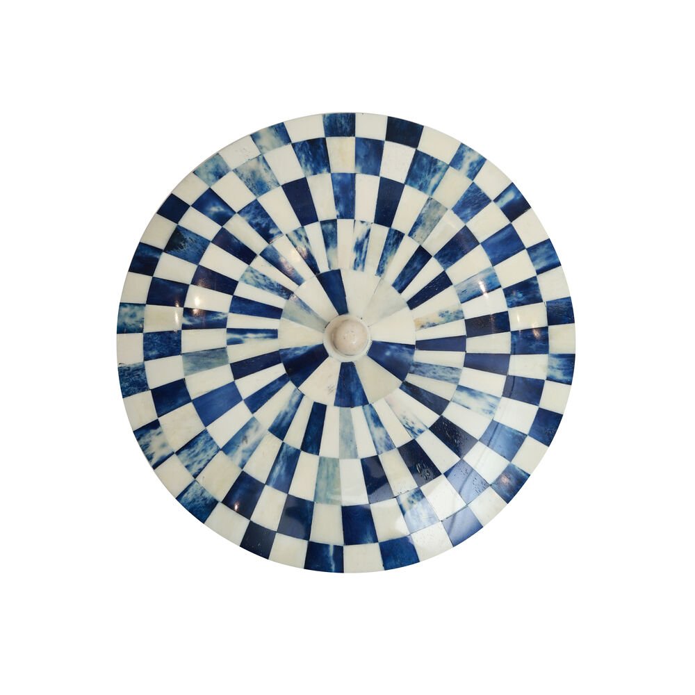 Chequered Box - Large Round  Blue in Wood and Bone Inlay