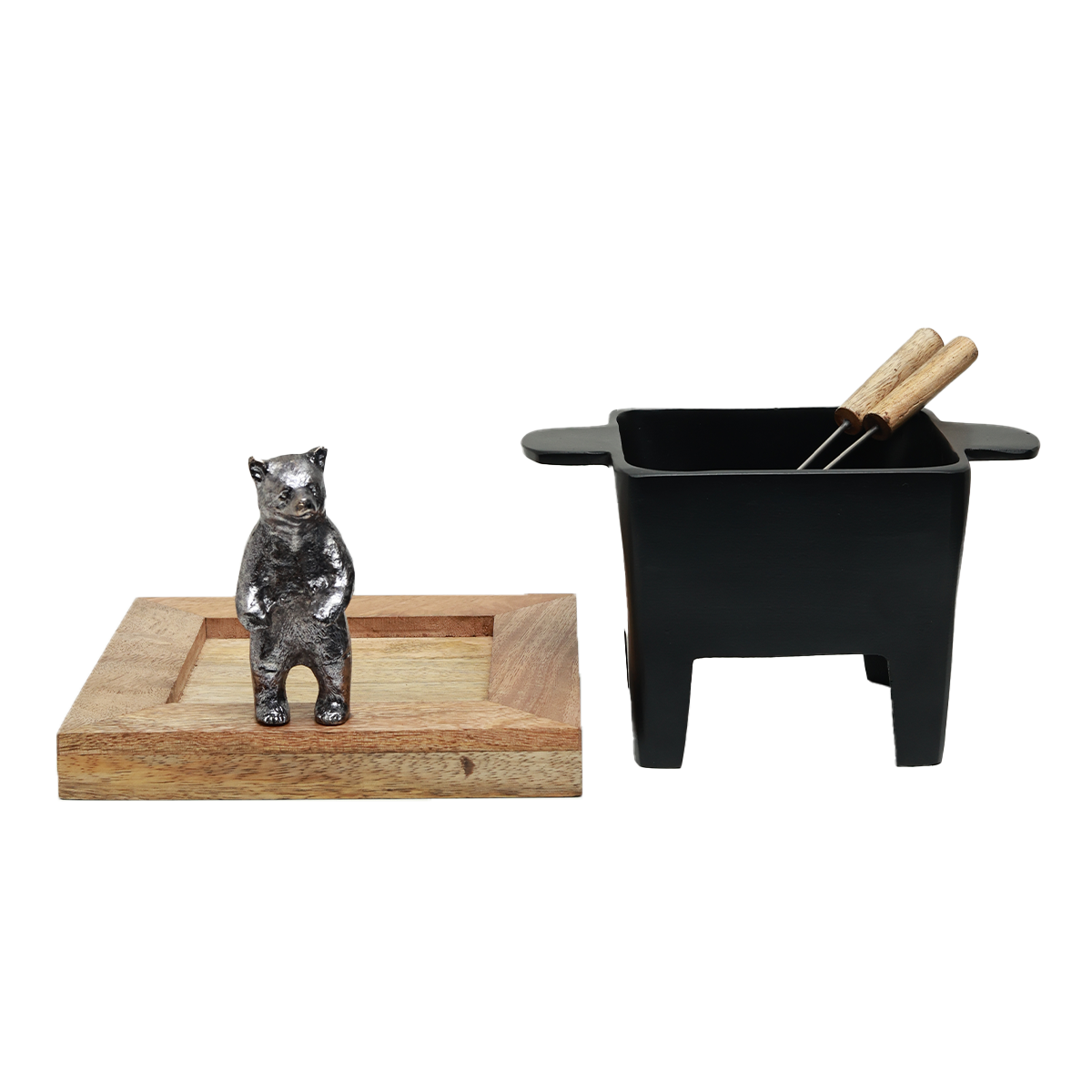 Bear Fondue Set - Cast Metal and Wood