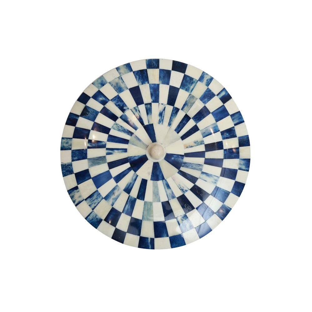 Chequered Box - Small Round  Blue in Wood and Bone Inlay