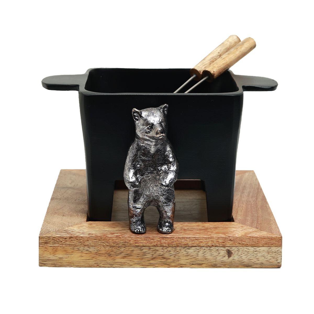 Bear Fondue Set - Cast Metal and Wood