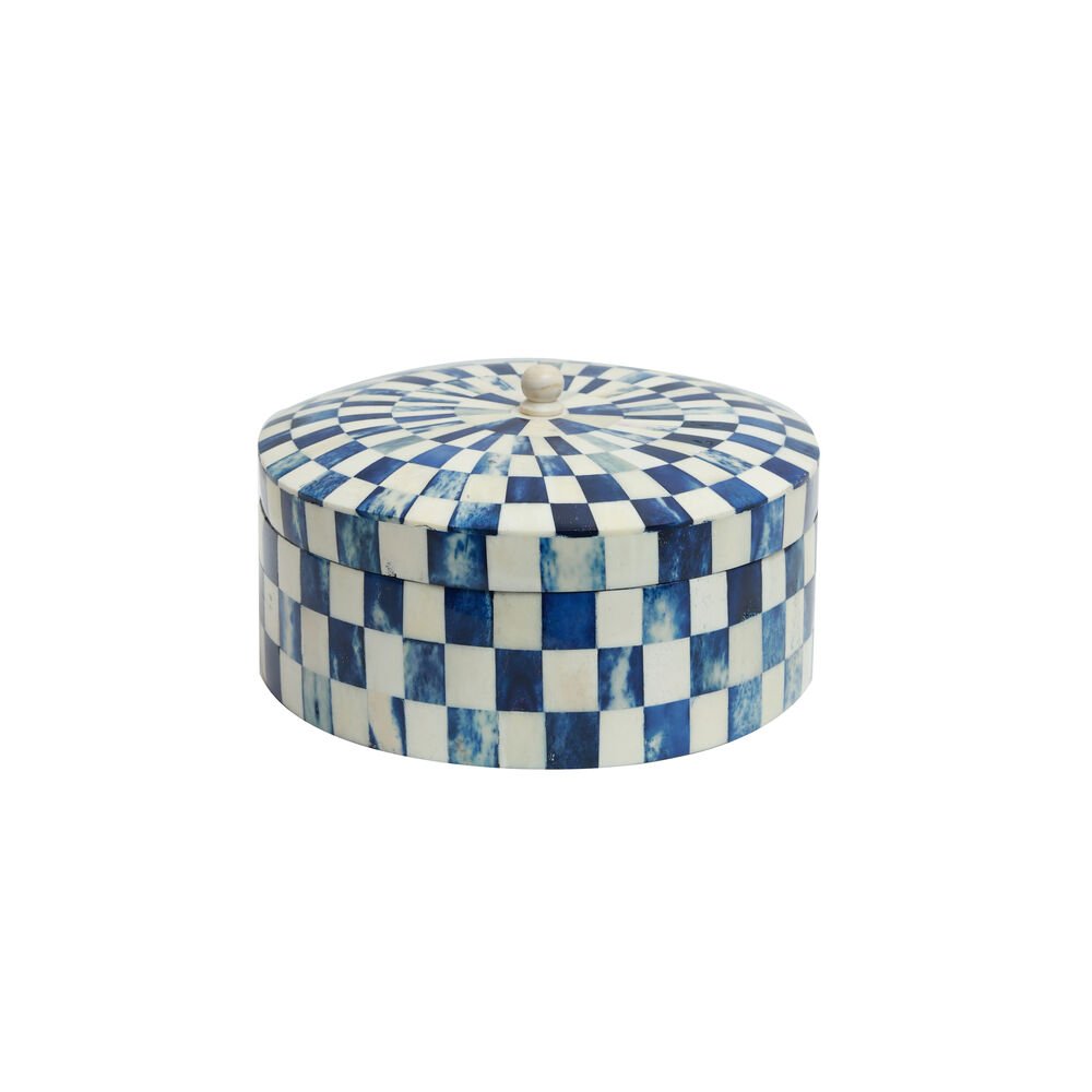 Chequered Box - Small Round  Blue in Wood and Bone Inlay