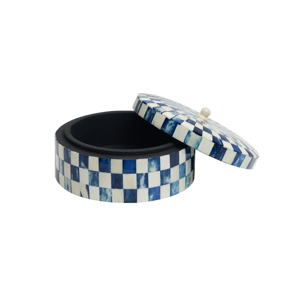 Chequered Box - Small Round  Blue in Wood and Bone Inlay
