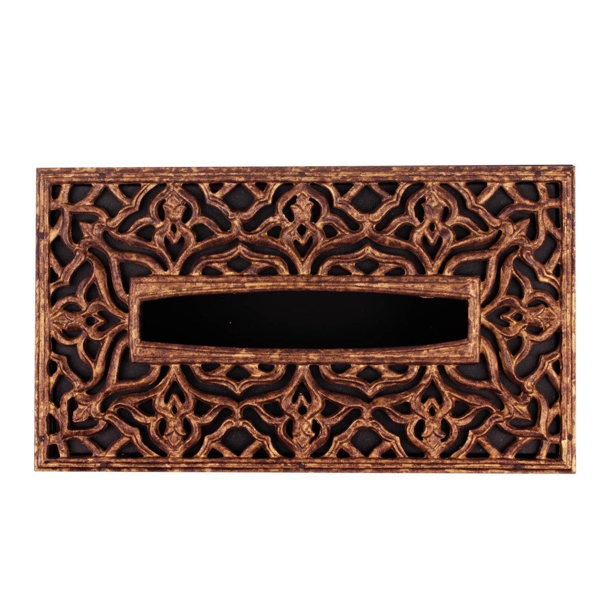 Jharokha Tissue Box Cover - Gold and Black in Metal and Wood