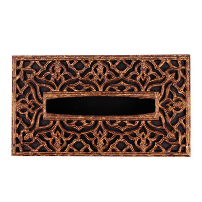 Jharokha Tissue Box Cover - Gold and Black in Metal and Wood