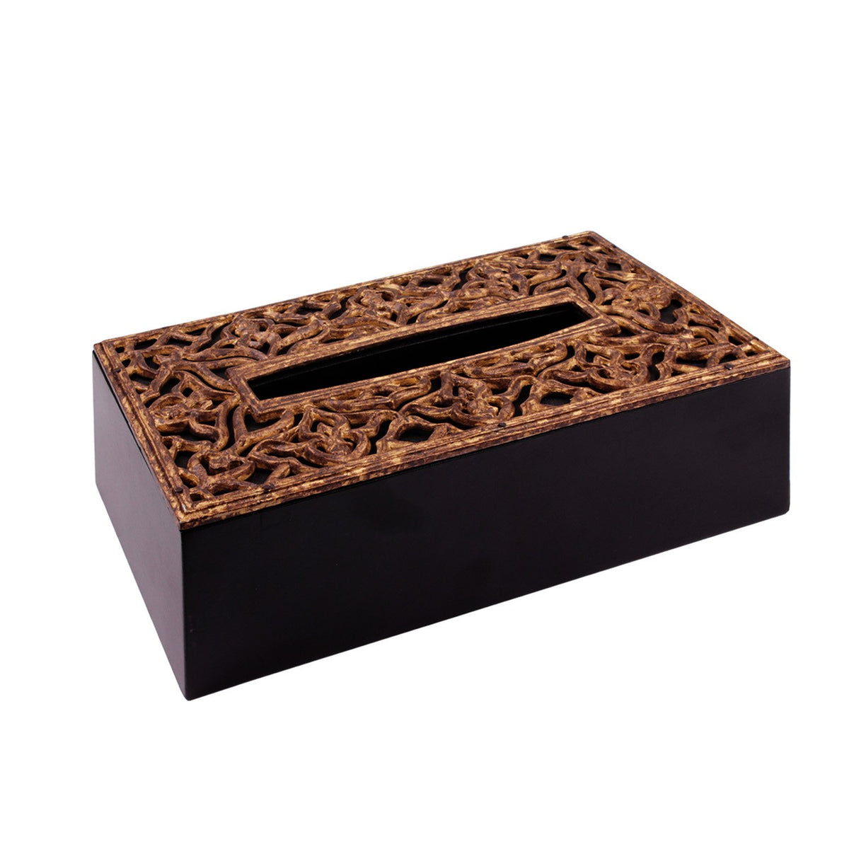 Jharokha Tissue Box Cover - Gold and Black in Metal and Wood