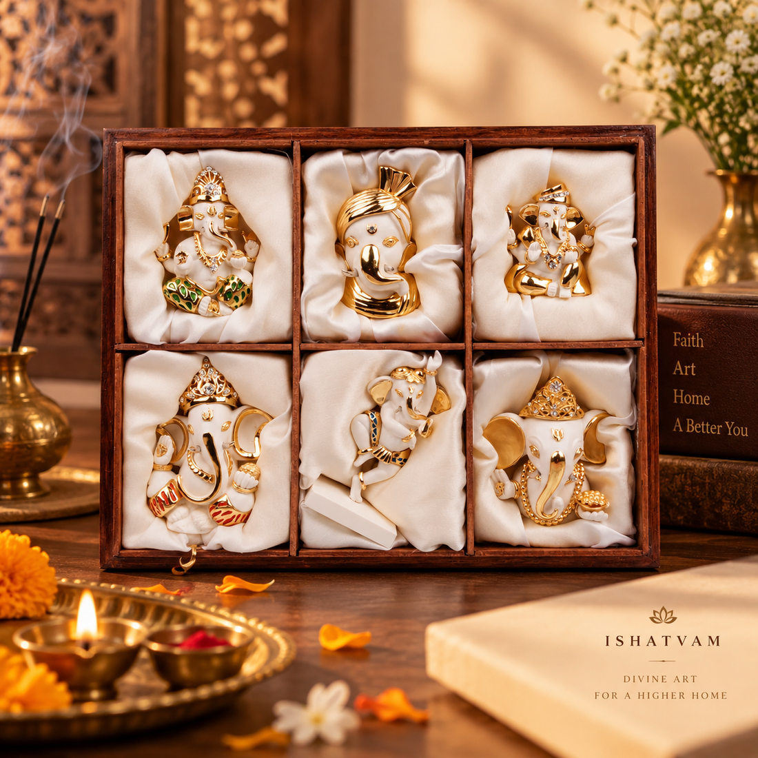 Ganesha Idol - Set Of Six White in Resin and Gold Plated
