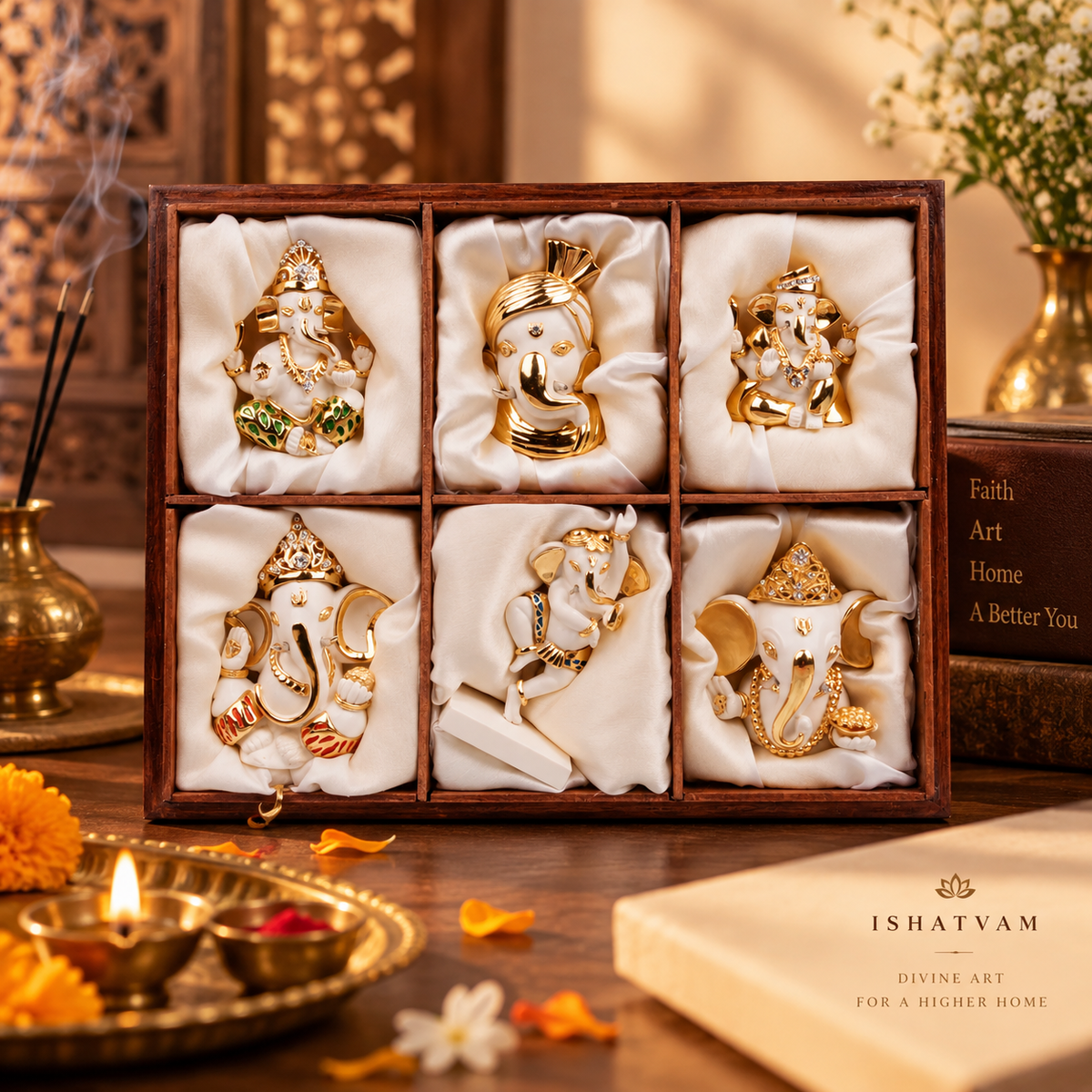 Ganesha Idol - Set Of  Six  White in Resin and Gold Plated