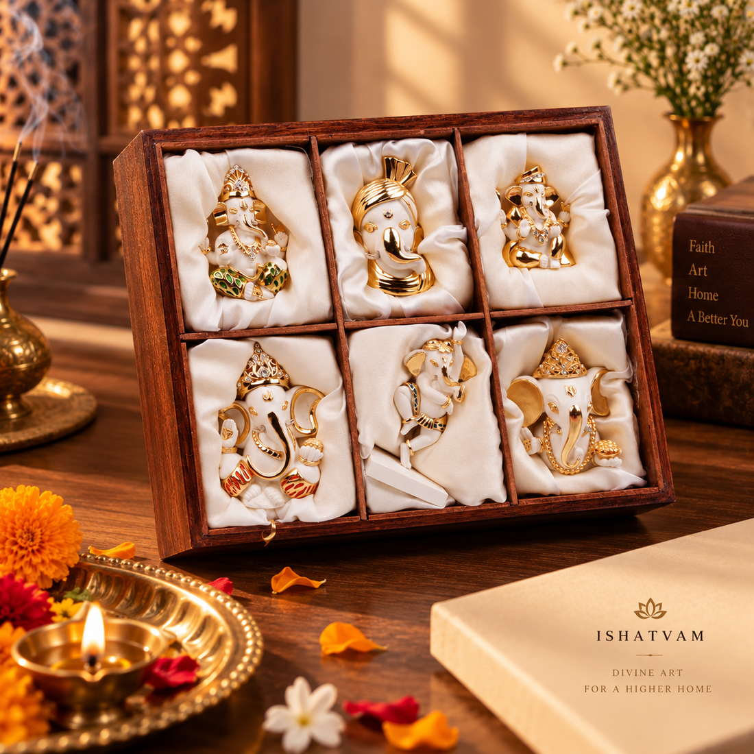 Ganesha Idol - Set Of  Six  White in Resin and Gold Plated