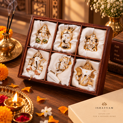 Ganesha Idol - Set Of  Six  White in Resin and Gold Plated