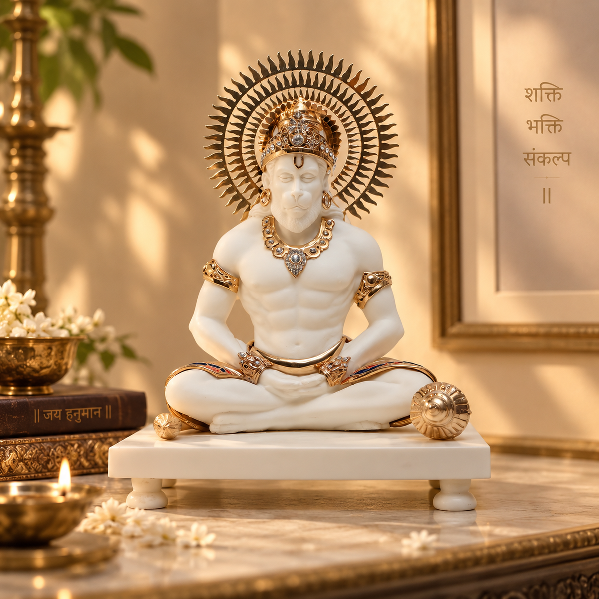 Meditating Hanuman Idol - White in Resin and Gold Plated