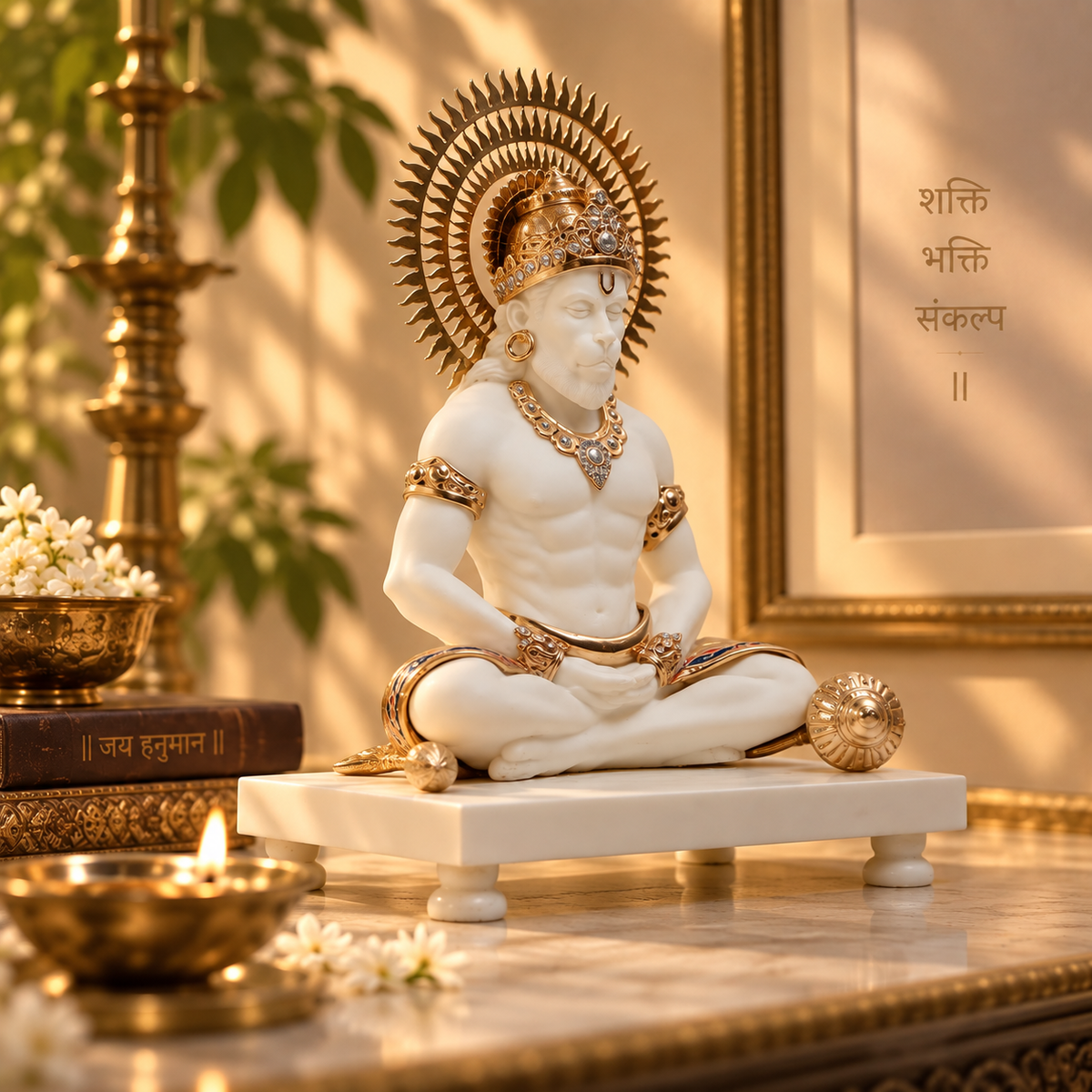 Meditating Hanuman Idol - White in Resin and Gold Plated