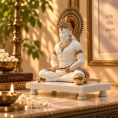 Meditating Hanuman Idol - White in Resin and Gold Plated