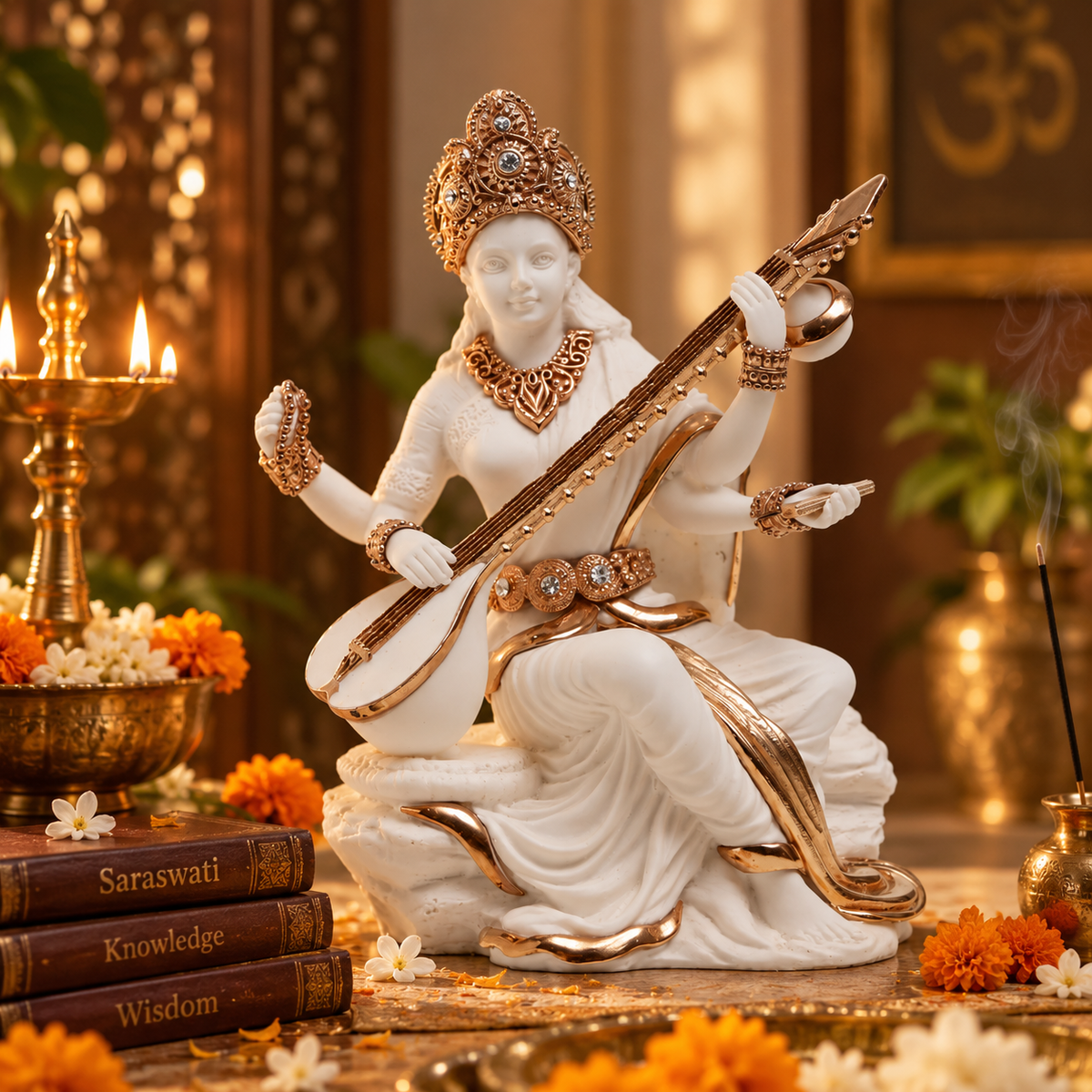 Saraswati Idol - White in Resin and Gold Plated