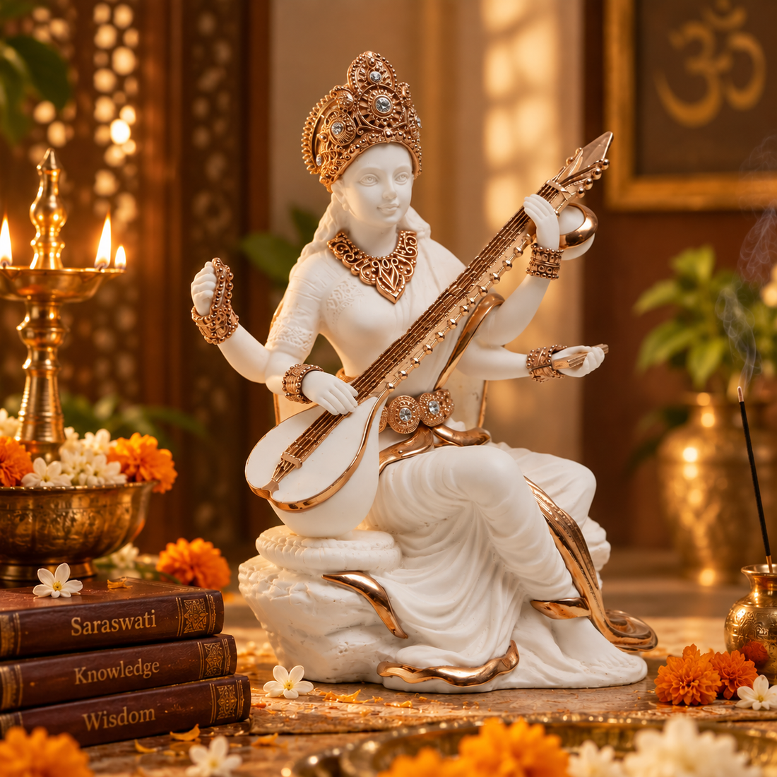 Saraswati Idol - White in Resin and Gold Plated