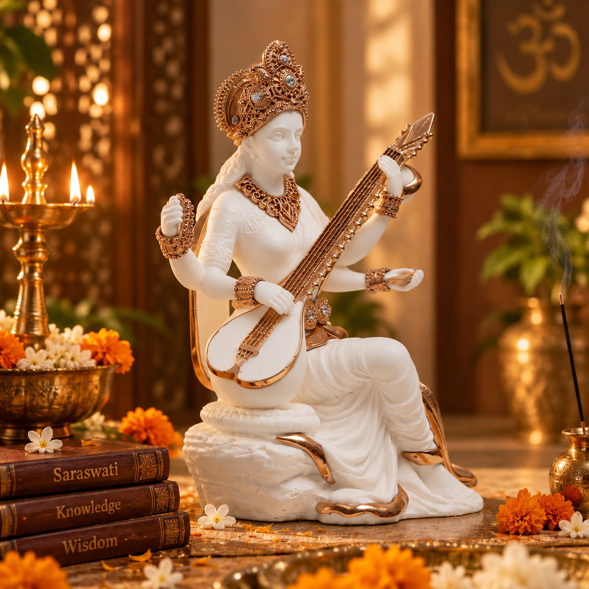 Saraswati Idol - White in Resin and Gold Plated