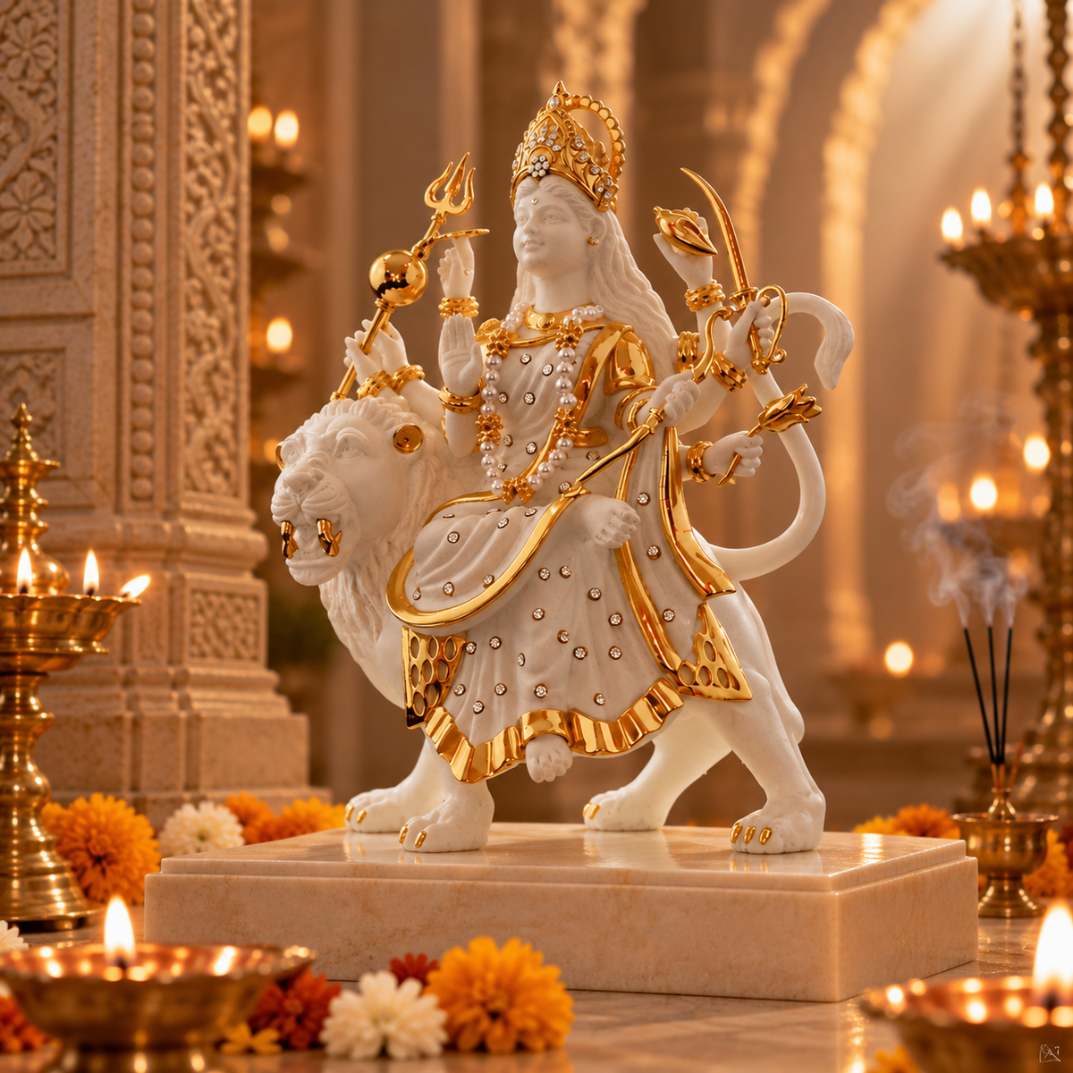 Sheravali Mata Idol -  White in Resin and Gold Plated