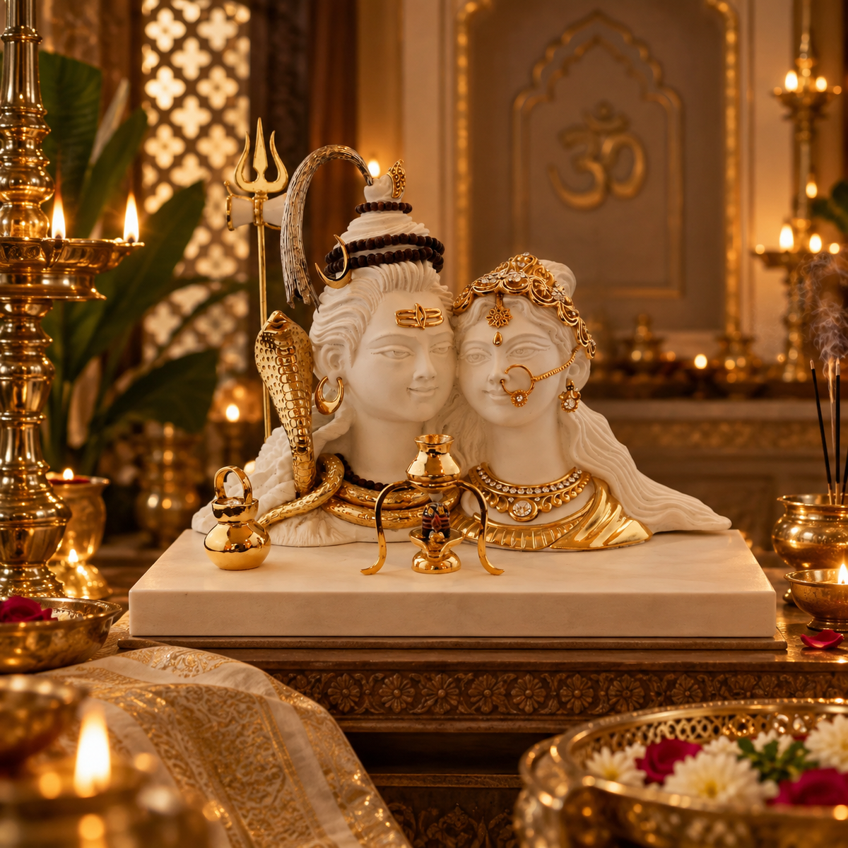 Shiva and Parvati Idol - Large White in Resin and Gold Plated