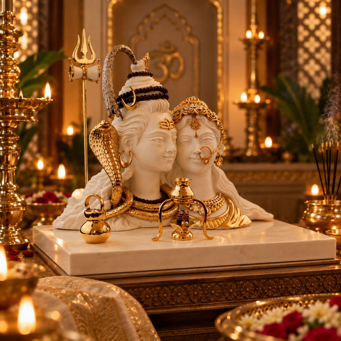 Shiva and Parvati Idol - Large White in Resin and Gold Plated