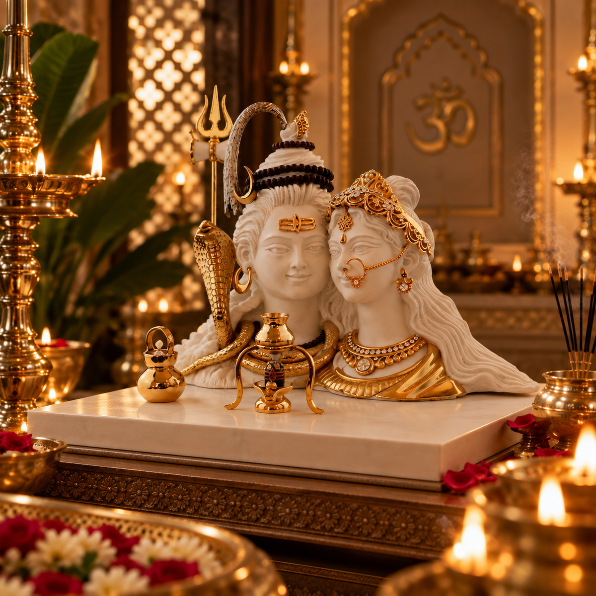 Shiva and Parvati Idol - Large White in Resin and Gold Plated