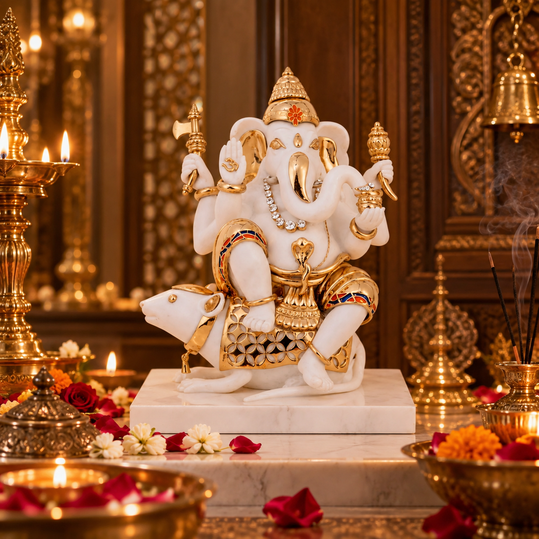 Vigneshwara Ganesh Idol - White in Resin and Gold Plated