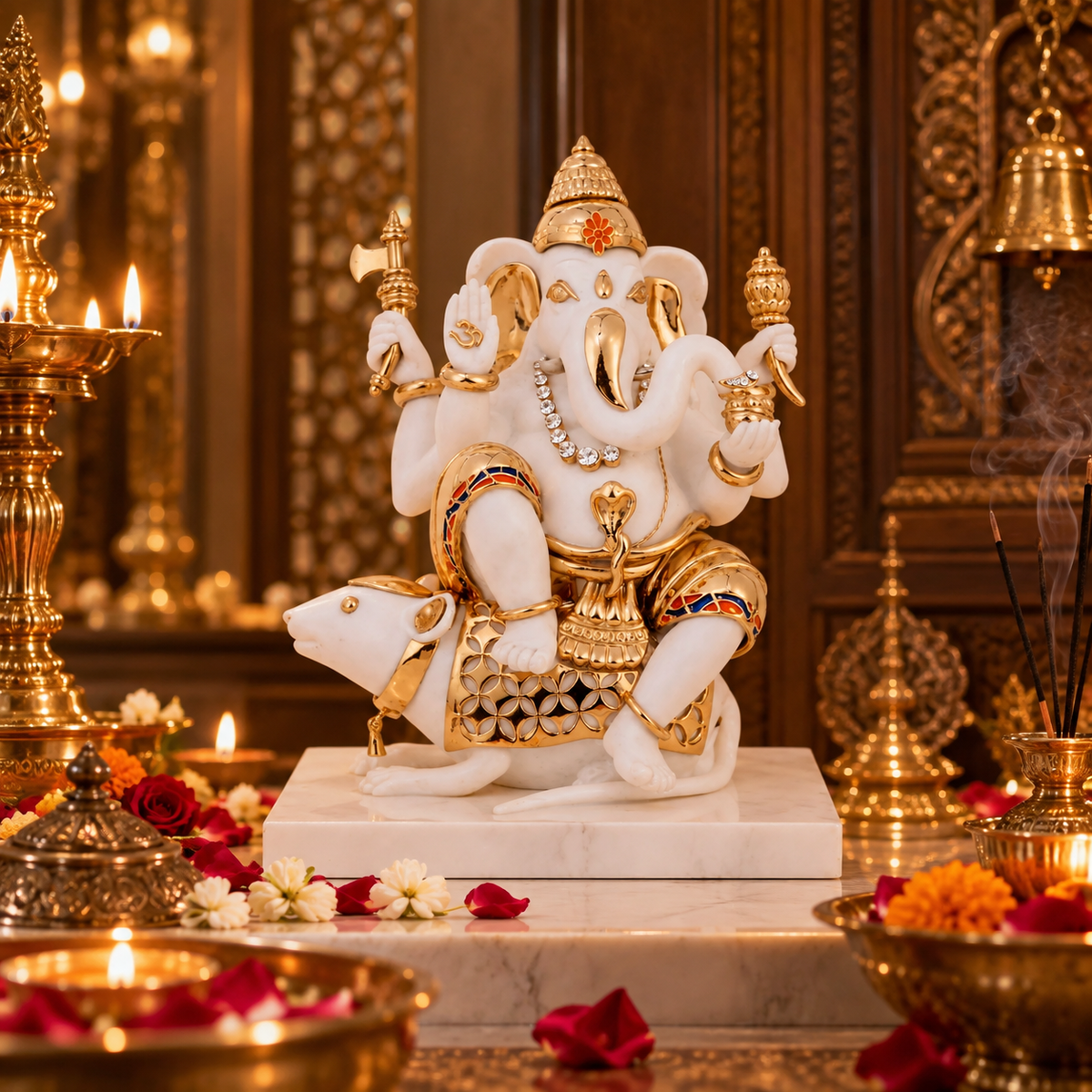 Vigneshwara Ganesh Idol - White in  Resin and Gold Plated