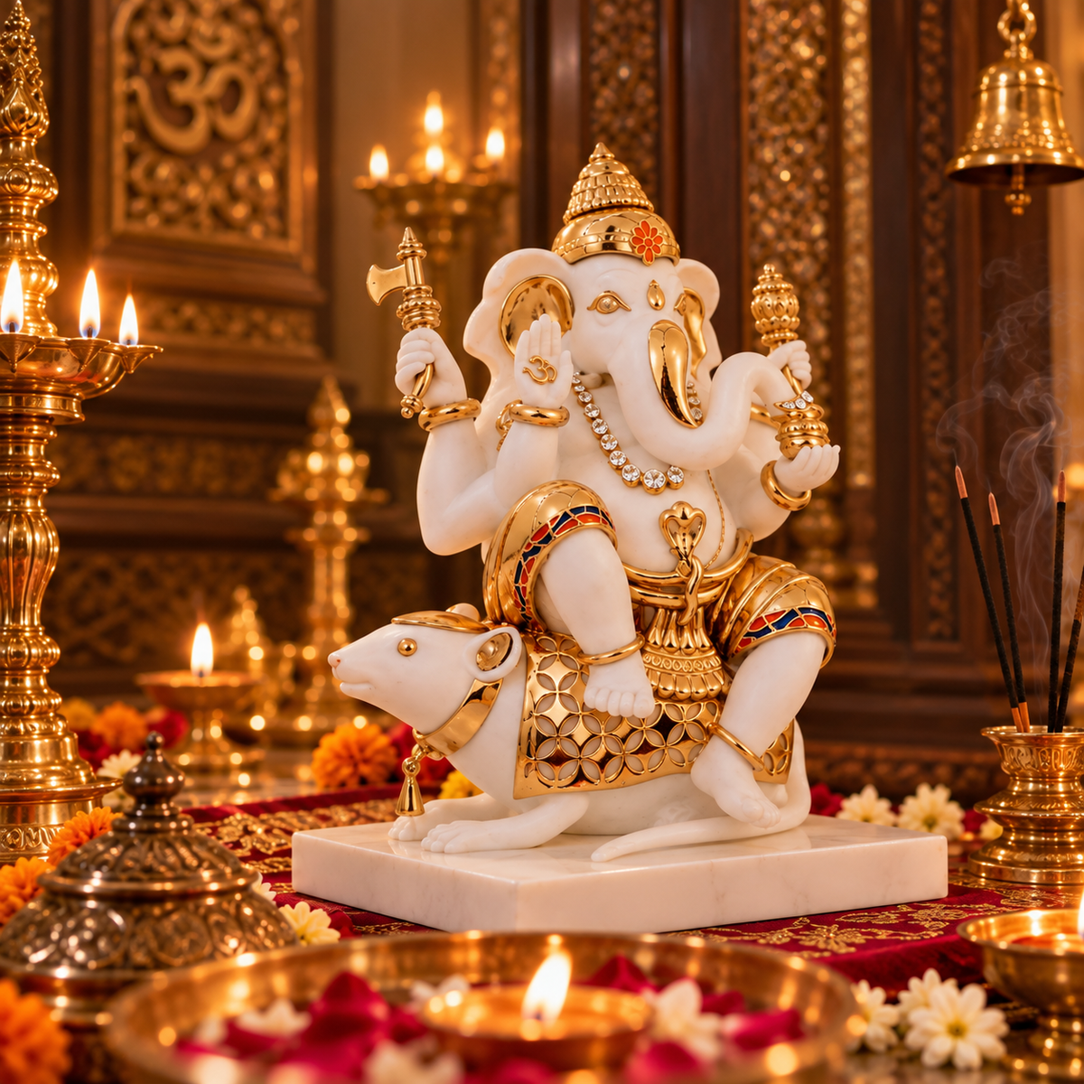 Vigneshwara Ganesh Idol - White in  Resin and Gold Plated