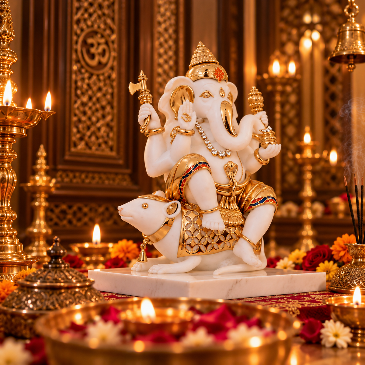 Vigneshwara Ganesh Idol - White in  Resin and Gold Plated