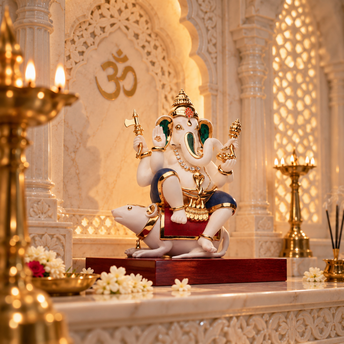 Vigneshwara Ganesh Idol -  White in  Mosaic and Gold Plated