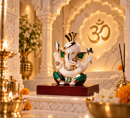 Pagdi Ganesha Idol - Turquoise in Resin and Gold Plated